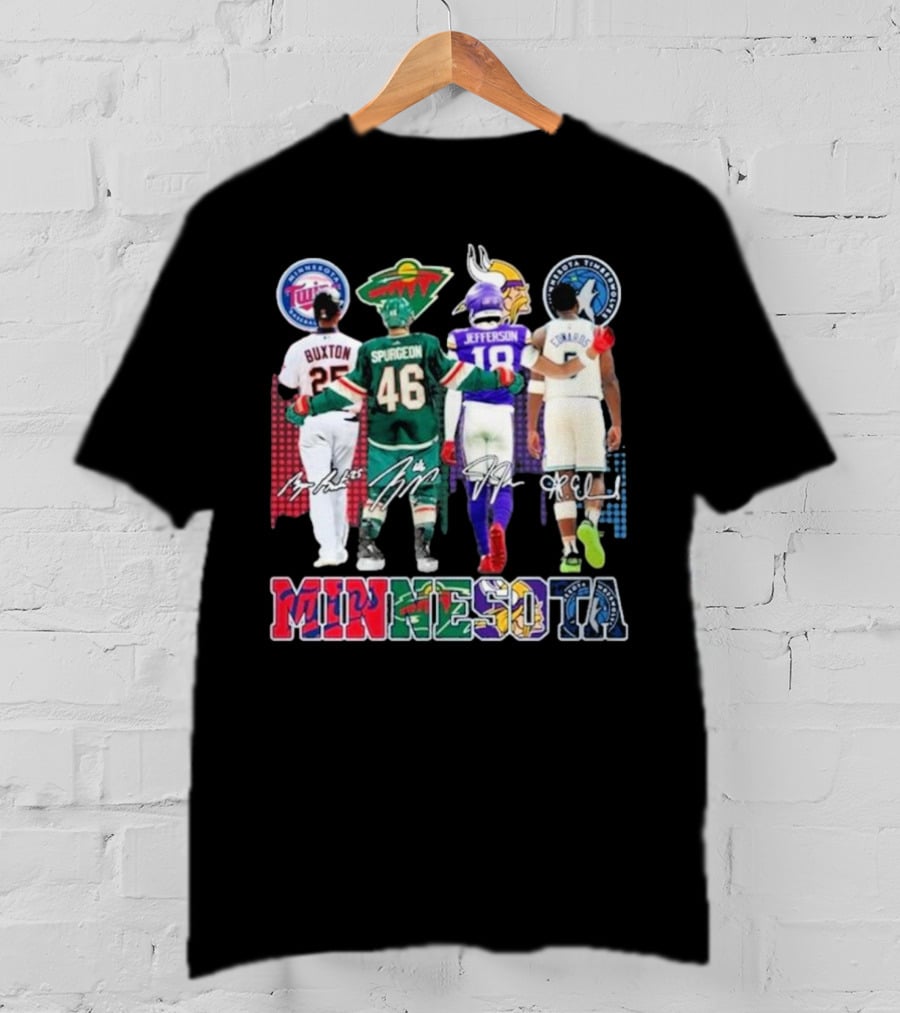 Minnesota Twins Buxton Minnesota Wild Spurgeon Minnesota Vikings Jefferson Minnesota Timberwolves Edwards Signature T-Shirt