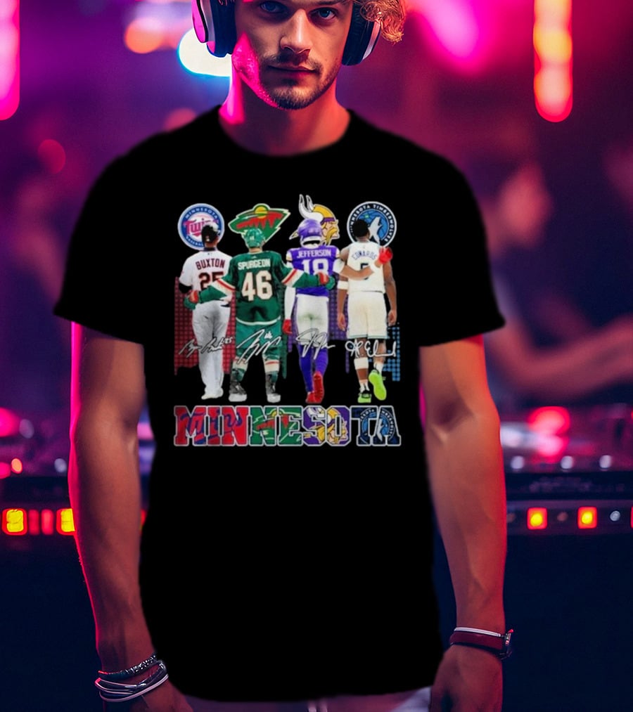 Minnesota Twins Buxton Minnesota Wild Spurgeon Minnesota Vikings Jefferson Minnesota Timberwolves Edwards Signature T-Shirt