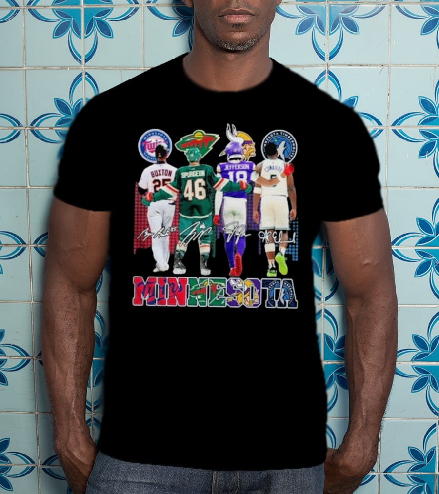 Minnesota Twins Buxton Minnesota Wild Spurgeon Minnesota Vikings Jefferson Minnesota Timberwolves Edwards Signature T-Shirt
