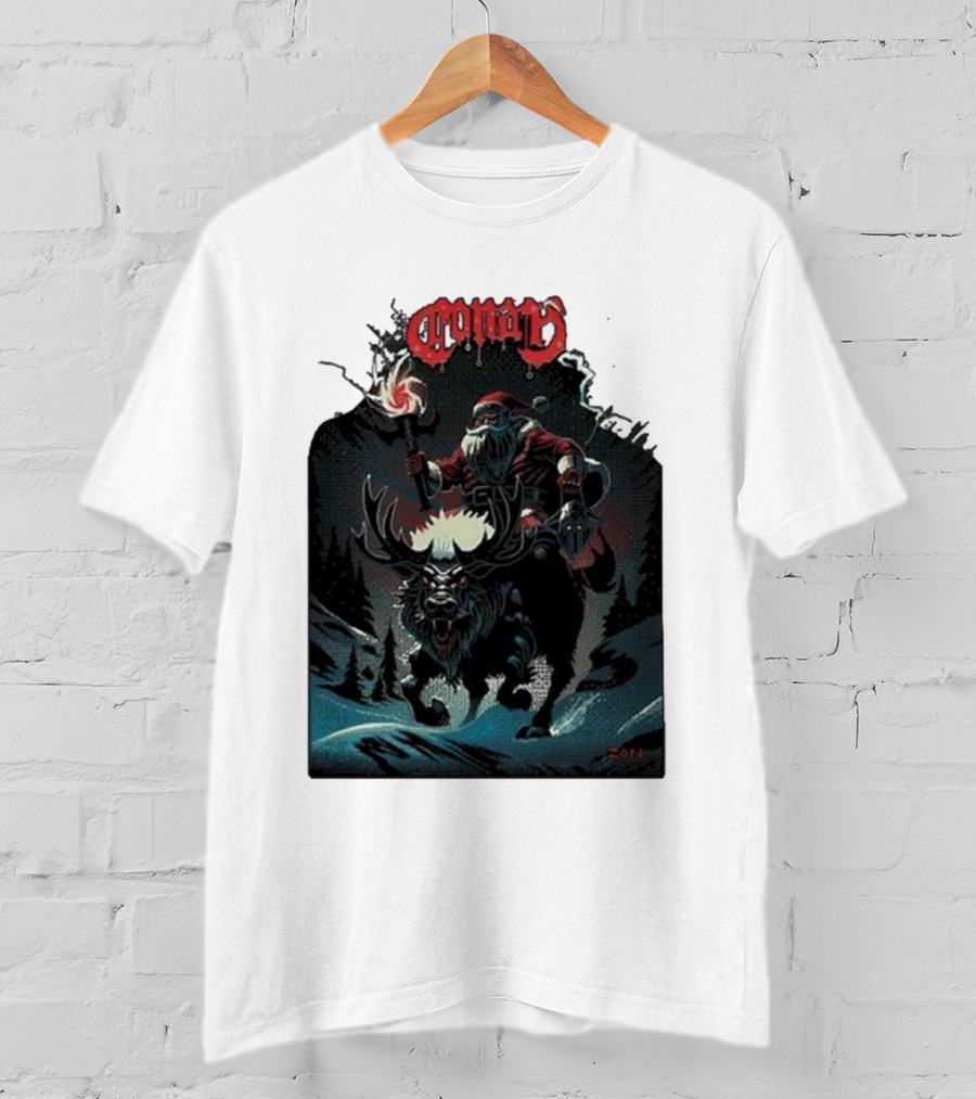 Conan Merry Chrushmas Santa Riding Mythical Beast Torch Dark Forest Scene T-Shirt