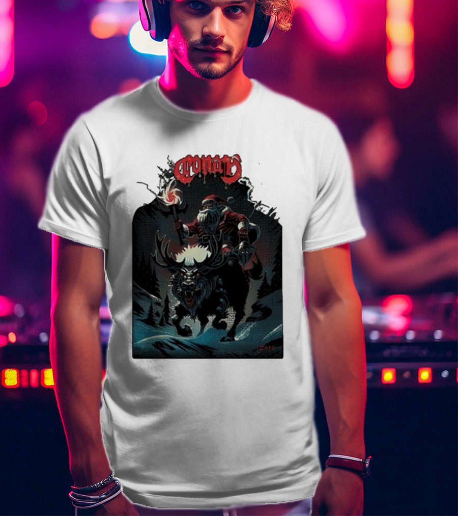Conan Merry Chrushmas Santa Riding Mythical Beast Torch Dark Forest Scene T-Shirt