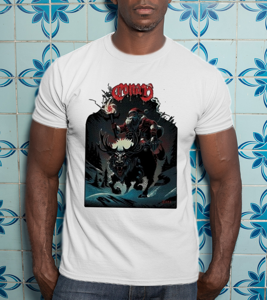 Conan Merry Chrushmas Santa Riding Mythical Beast Torch Dark Forest Scene T-Shirt