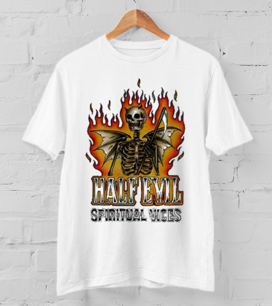 Half Evil Spiritual Vices Flaming Winged Skeleton T-Shirt