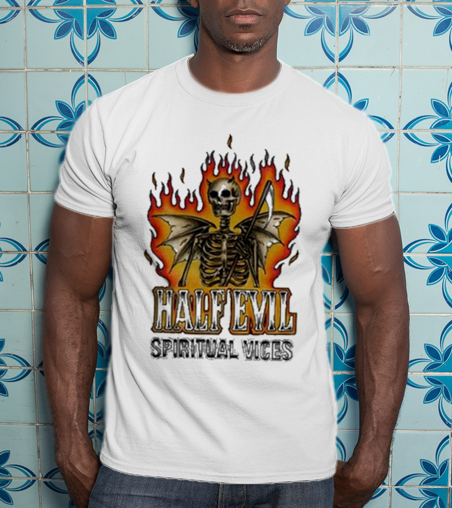 Half Evil Spiritual Vices Flaming Winged Skeleton T-Shirt
