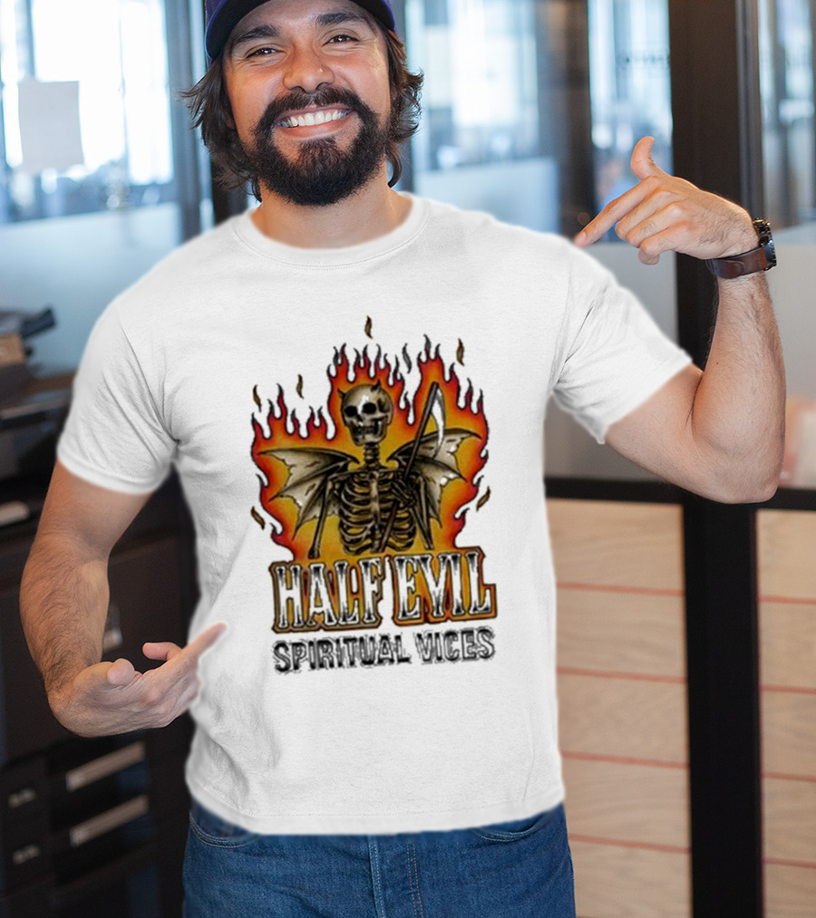 Half Evil Spiritual Vices Flaming Winged Skeleton T-Shirt