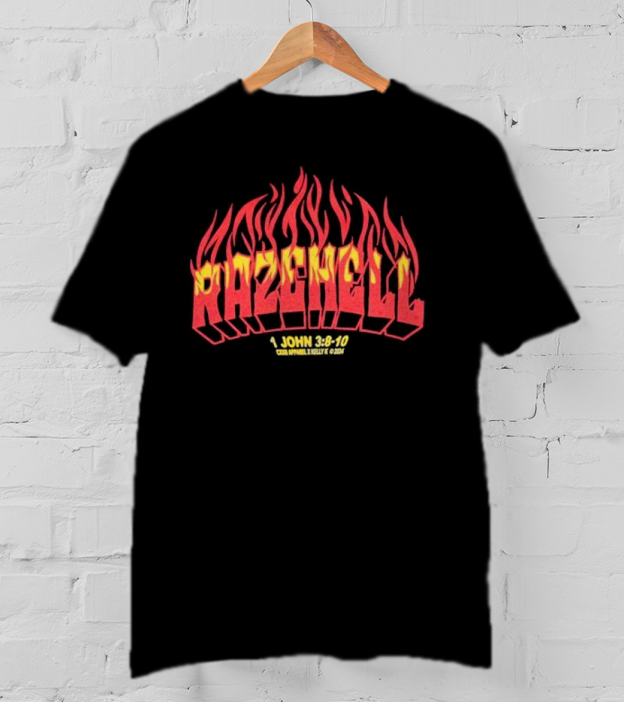 RAZEHELL CXXII X KellyK 1 John 3:8-10 Flame Design Black T-Shirt