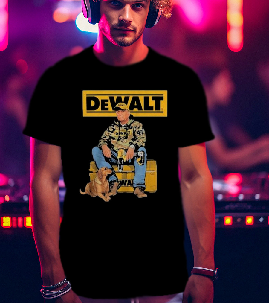 DEWALT Toolbox Camouflage Jacket 47 Sitting On Toolbox With Dog T-Shirt