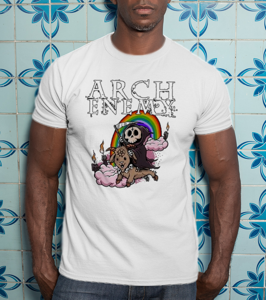Arch Enemy Rainbow Reaper On Goat With Candles And Clouds T-Shirt