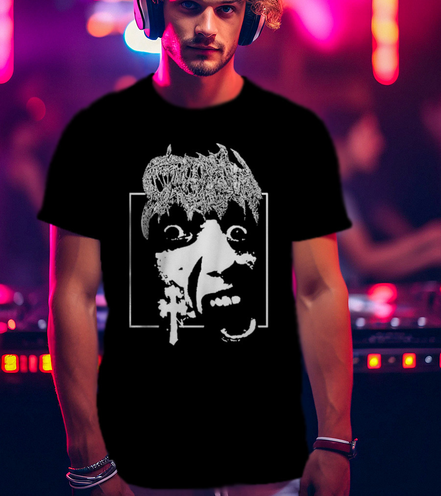 Crown Vic Staring Into The Abyss Horror Face Cross Metal T-Shirt