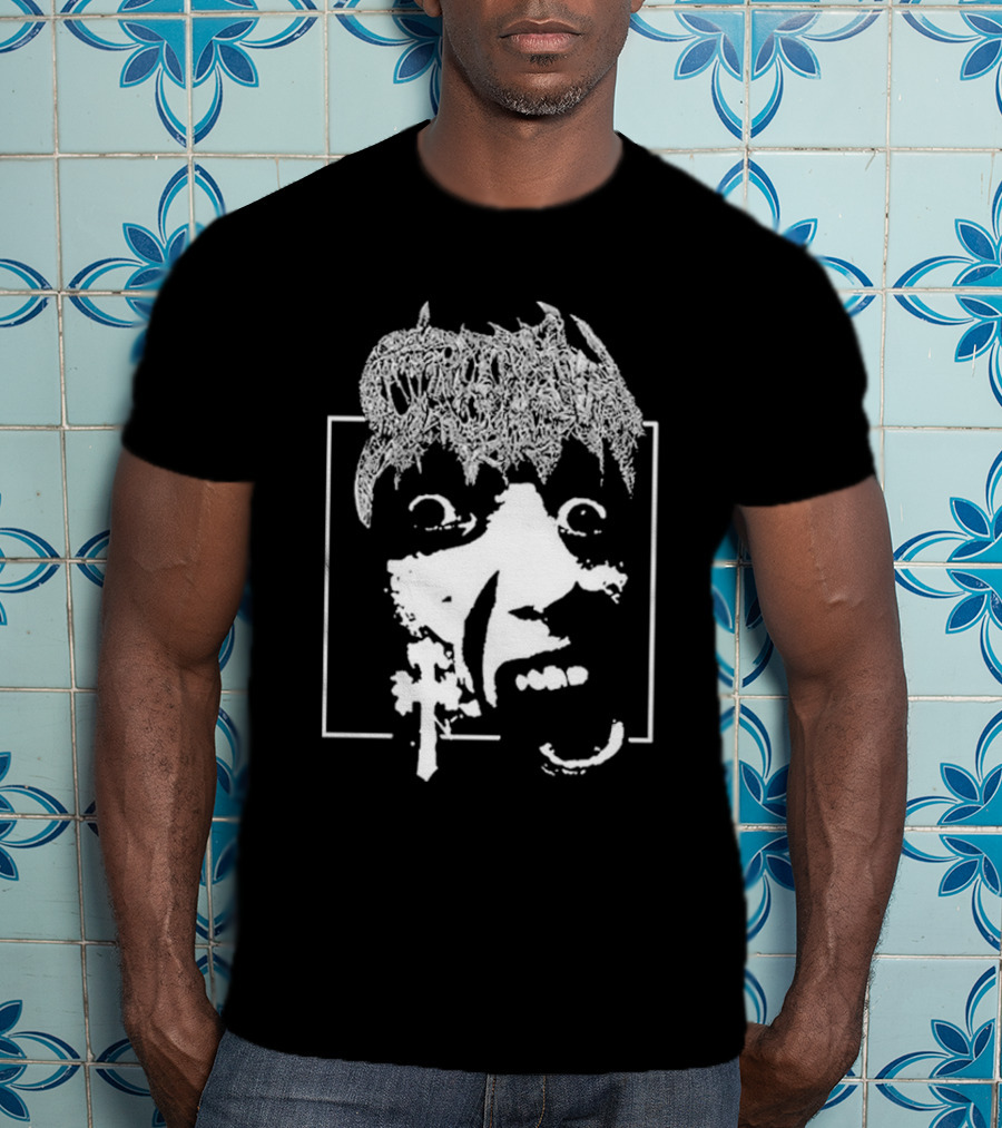 Crown Vic Staring Into The Abyss Horror Face Cross Metal T-Shirt