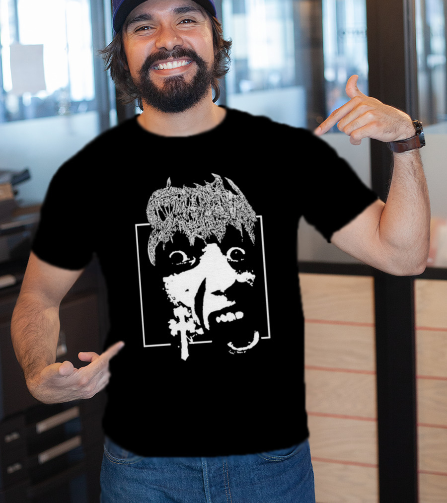 Crown Vic Staring Into The Abyss Horror Face Cross Metal T-Shirt