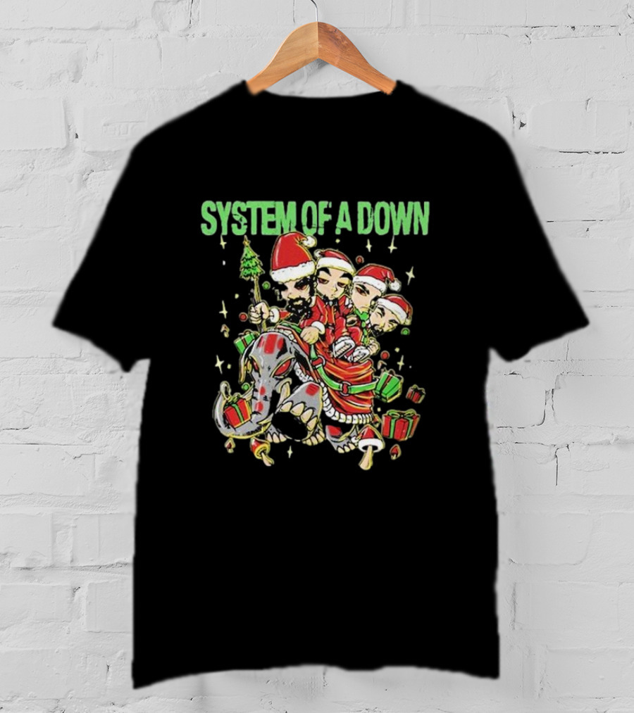 System Of A Down Holiday Mushroom People Riding Elephant With Gifts T-Shirt