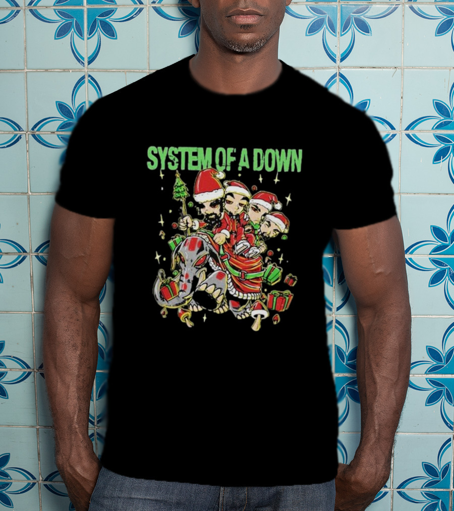 System Of A Down Holiday Mushroom People Riding Elephant With Gifts T-Shirt