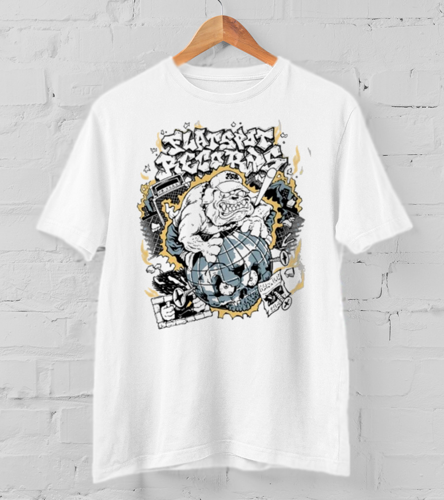 Flatspot Records Bulldog Globe Graffiti Style White T-Shirt