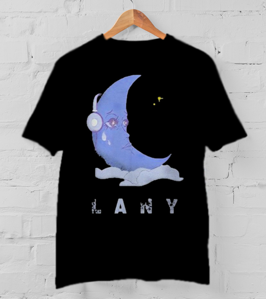 Lany Moon Crying Blue Crescent With Headphones And Clouds T-Shirt