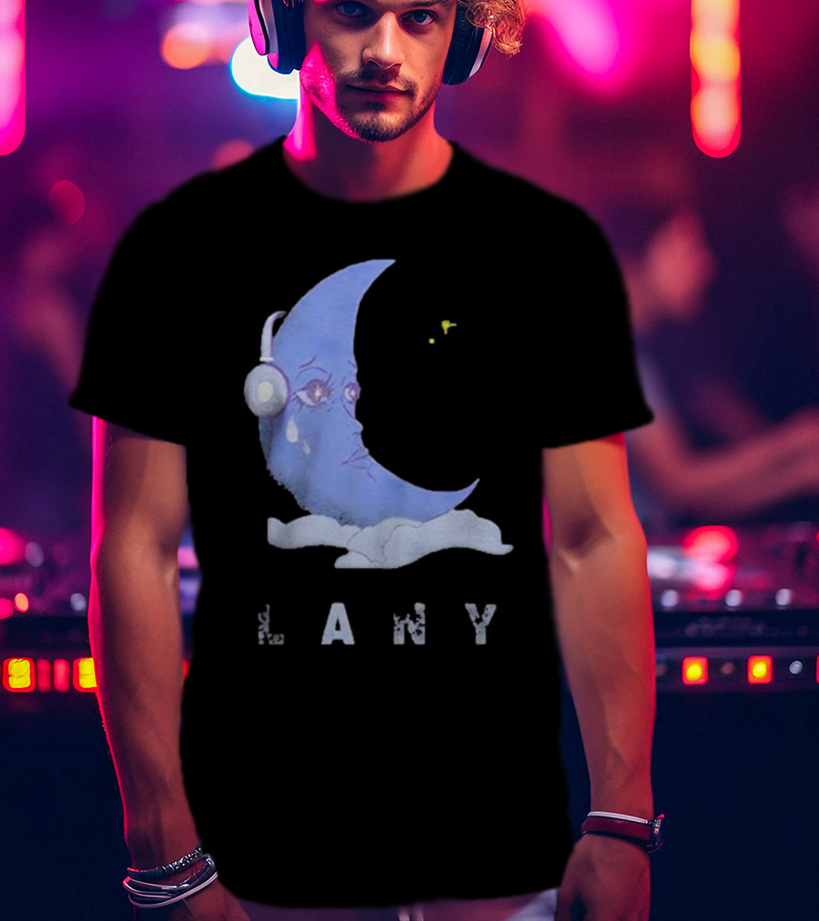 Lany Moon Crying Blue Crescent With Headphones And Clouds T-Shirt