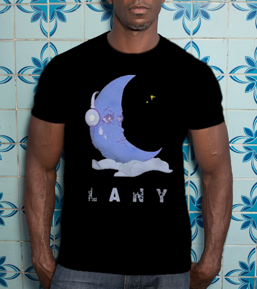 Lany Moon Crying Blue Crescent With Headphones And Clouds T-Shirt