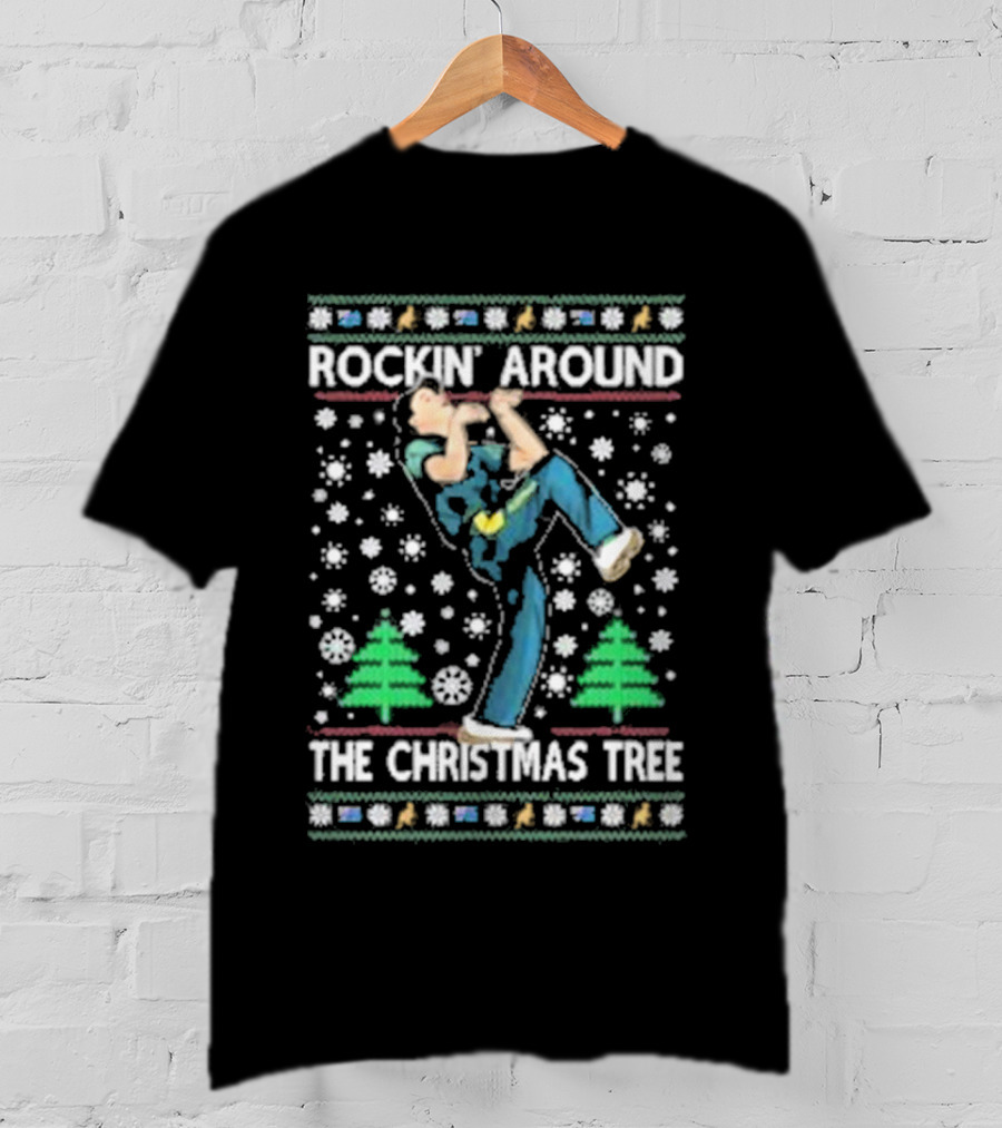 Rockin' Around The Christmas Tree Ugly Christmas Sweater With Dancing Figure And Snowflakes T-Shirt