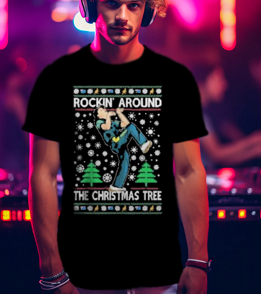 Rockin' Around The Christmas Tree Ugly Christmas Sweater With Dancing Figure And Snowflakes T-Shirt