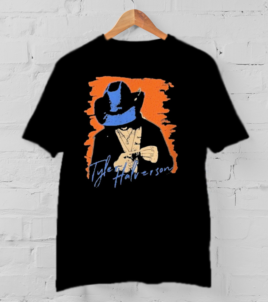 Tyler Halverson Cowboy Hat Blue Bandana Orange Background T-Shirt