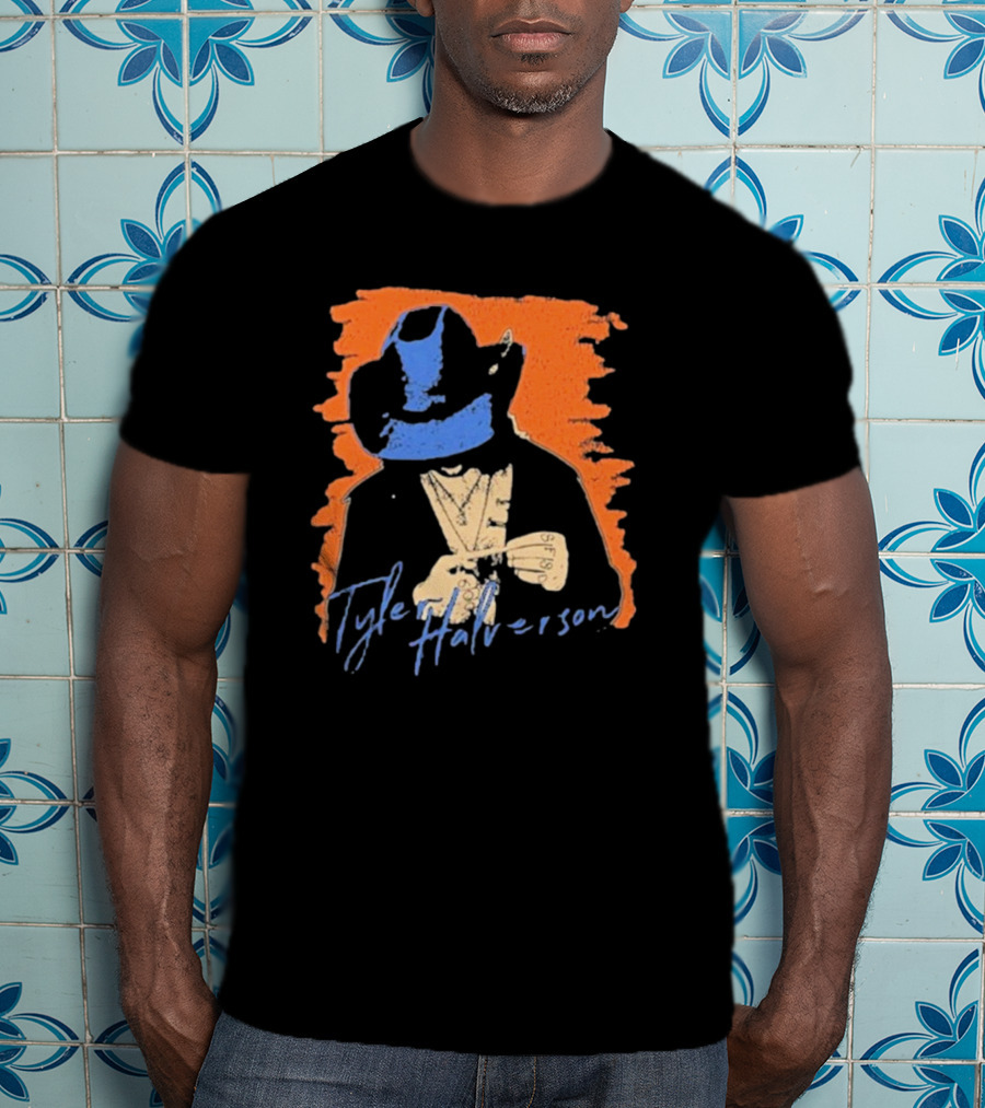 Tyler Halverson Cowboy Hat Blue Bandana Orange Background T-Shirt