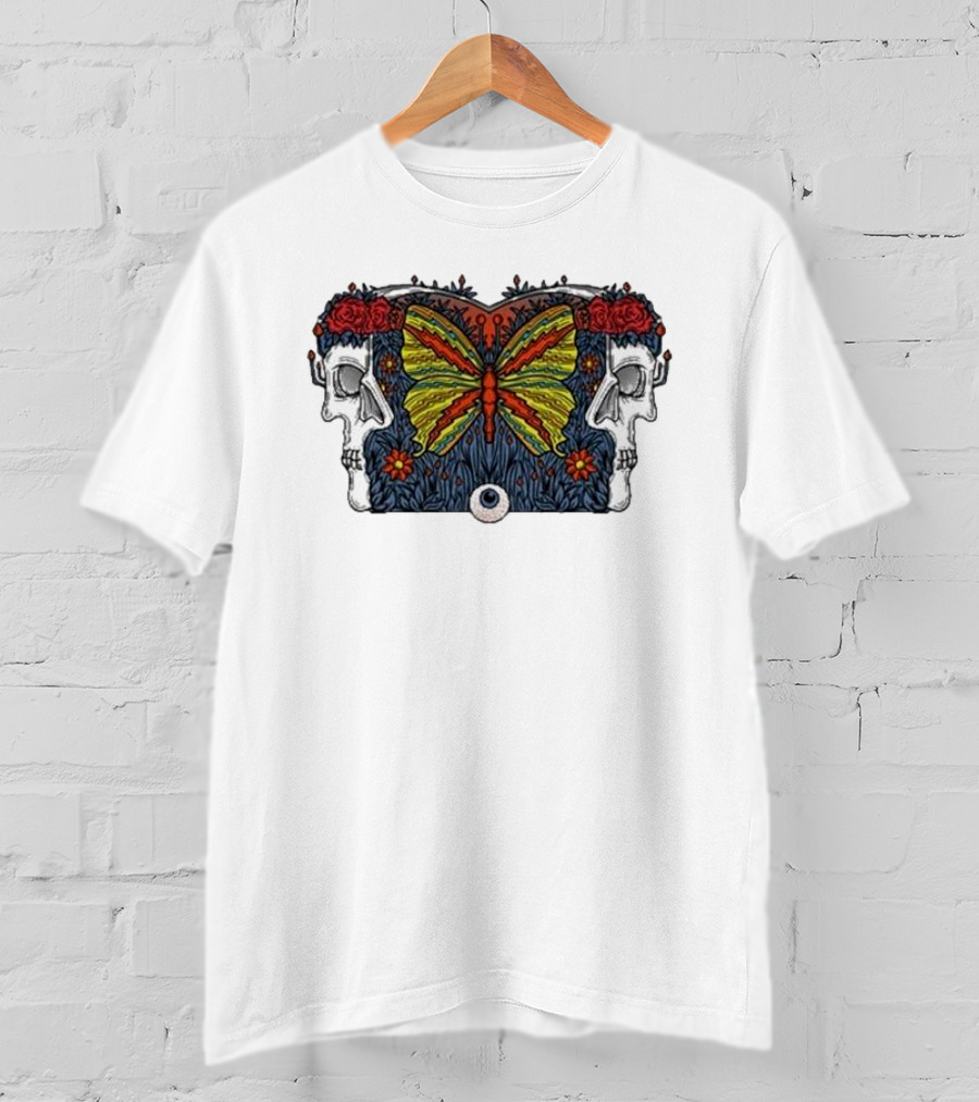 This Old Engine Two Worlds Skull And Butterfly Symmetry With Roses And Floral Elements T-Shirt