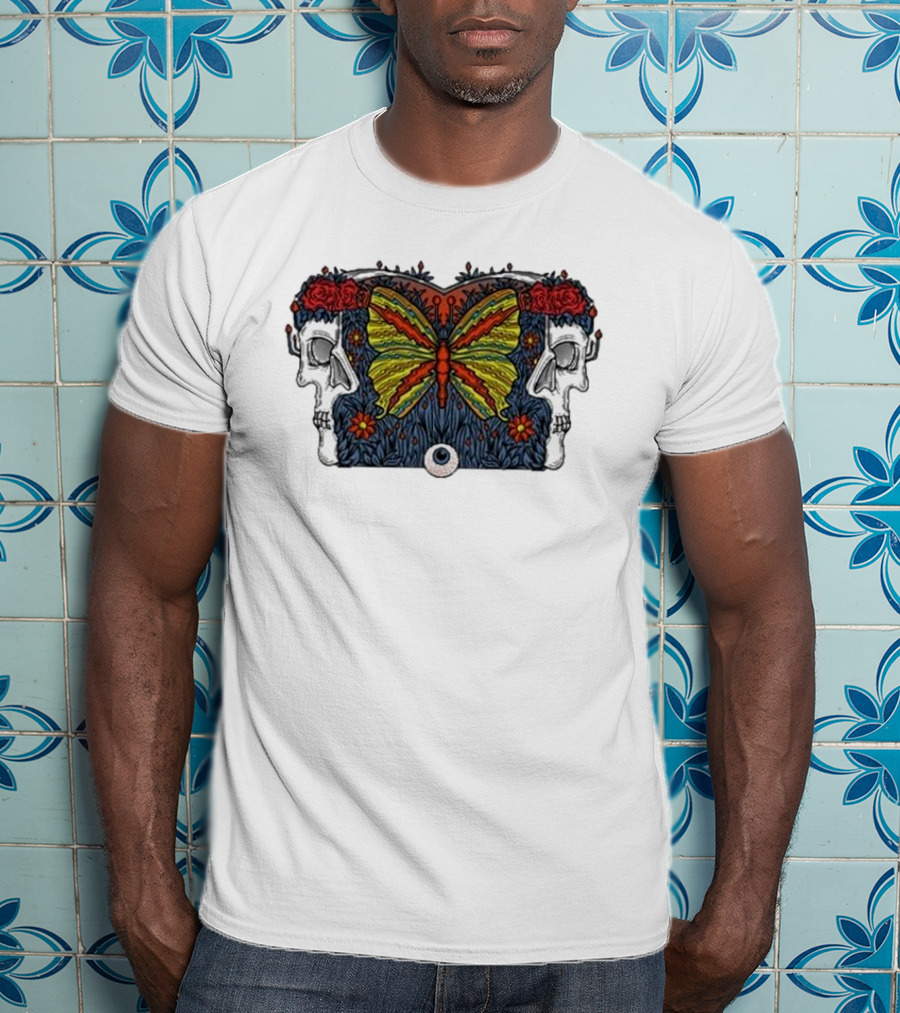 This Old Engine Two Worlds Skull And Butterfly Symmetry With Roses And Floral Elements T-Shirt