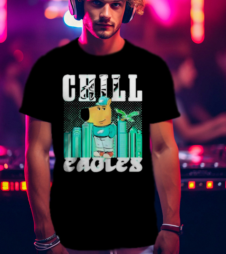 Philadelphia Eagles Chill Character With City Skyline And Cartoon Bird T-Shirt