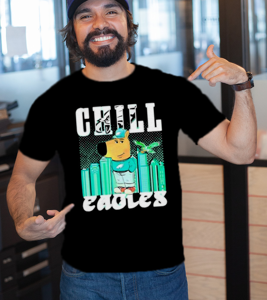 Philadelphia Eagles Chill Character With City Skyline And Cartoon Bird T-Shirt
