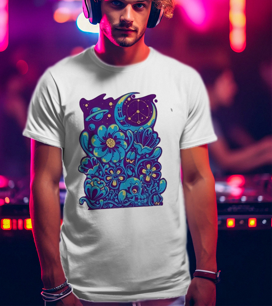 Zazz Corp White Cosmic Floral Planets Constellation T-Shirt