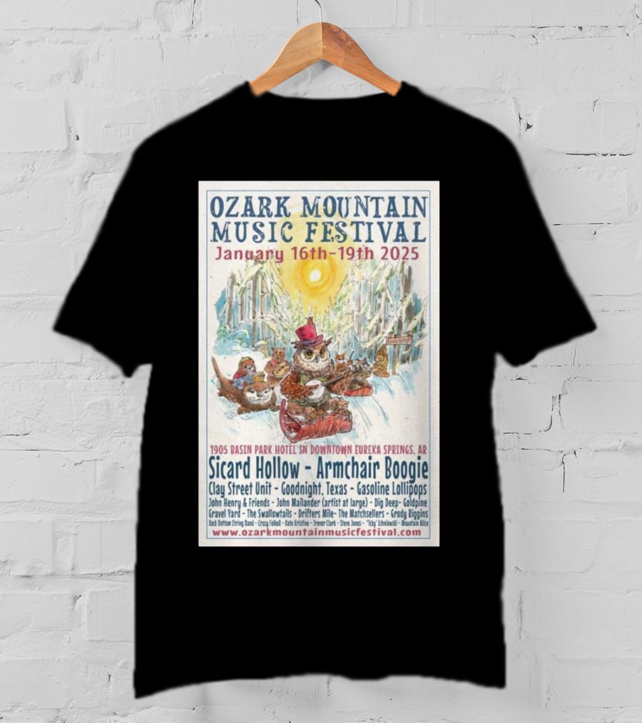 Ozark Mountain Music Festival January 16-19 2025 Eureka Springs AR Featuring Sicard Hollow And Armchair Boogie T-Shirt