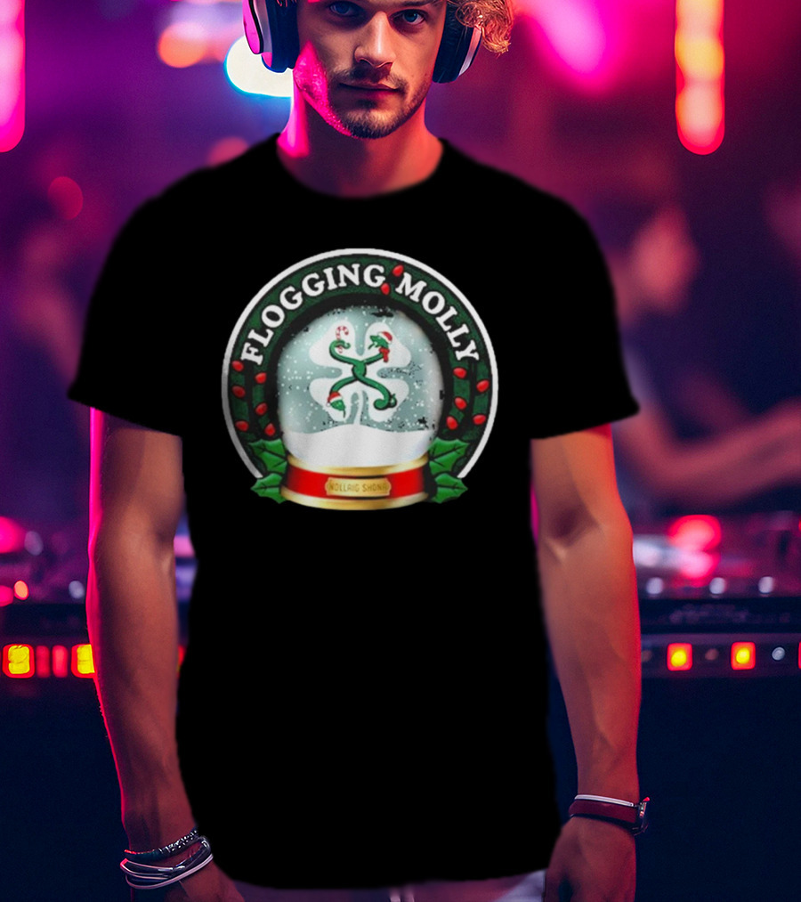 Flogging Molly Nollaig Shona Snow Globe With Holly Red Green White T-Shirt
