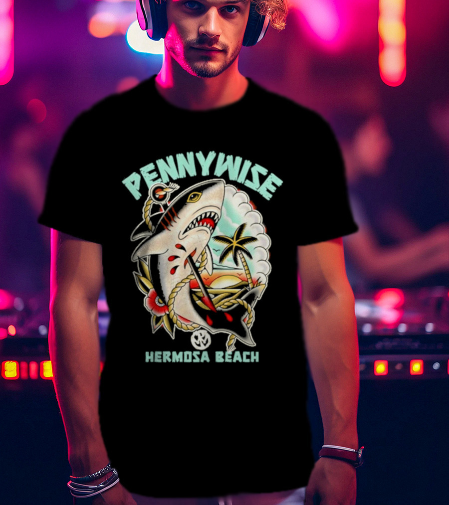 Pennywise Shark Hermosa Beach Sunset Palm Tattoo T-Shirt