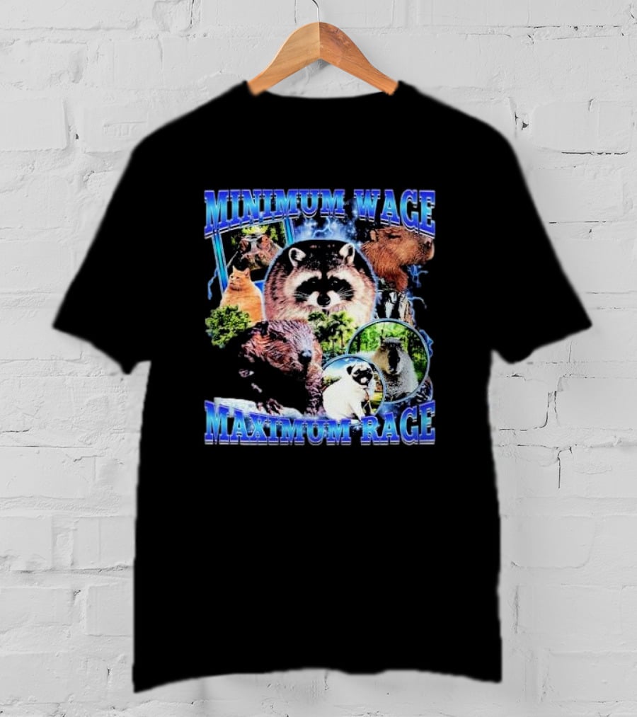 Minimum Wage Maximum Rage Raccoon And Wildlife Collage T-Shirt