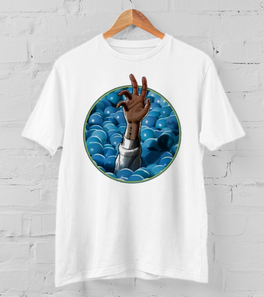 Hand Reaching Out Of Blue Ballpit Sphere T-Shirt