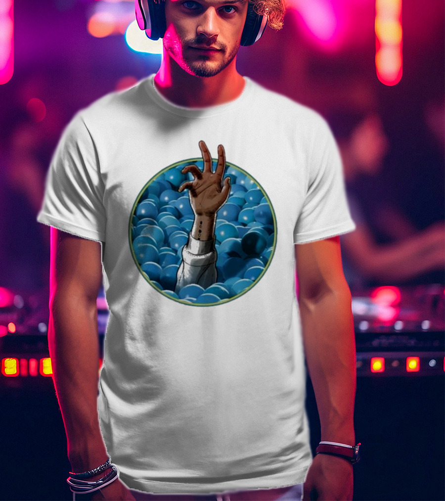 Hand Reaching Out Of Blue Ballpit Sphere T-Shirt