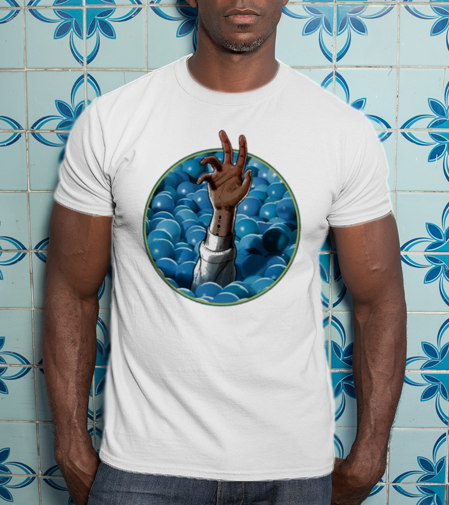 Hand Reaching Out Of Blue Ballpit Sphere T-Shirt