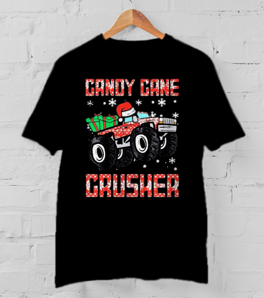 Candy Cane Crusher Christmas Monster Truck Toddler Boys Snowflakes Santa Present T-Shirt