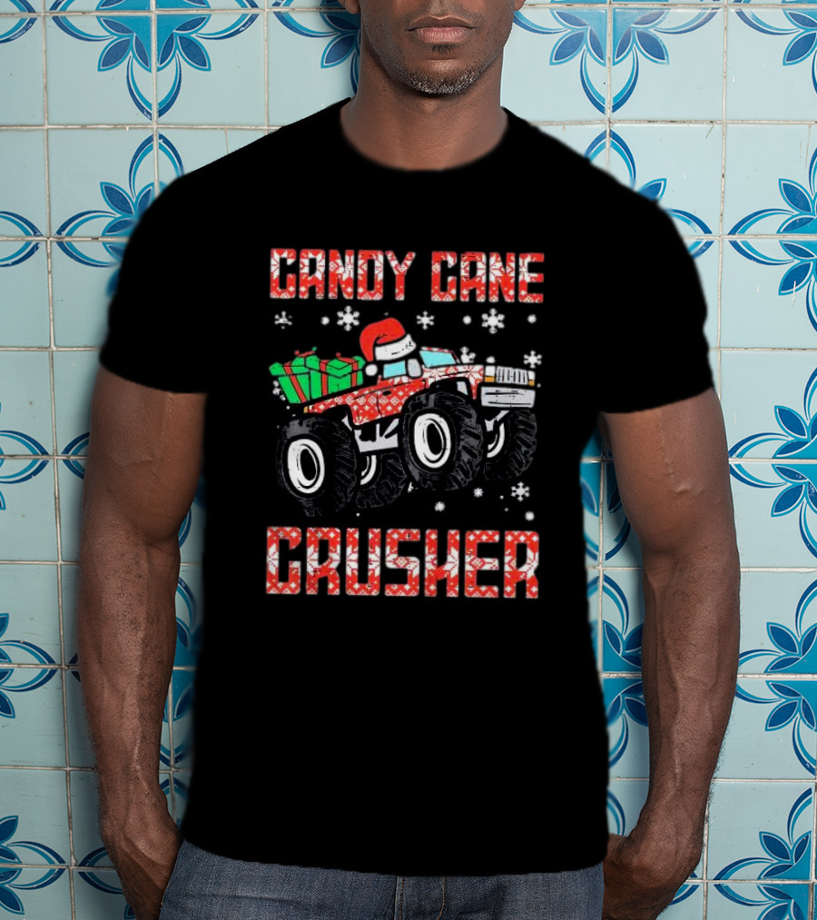 Candy Cane Crusher Christmas Monster Truck Toddler Boys Snowflakes Santa Present T-Shirt