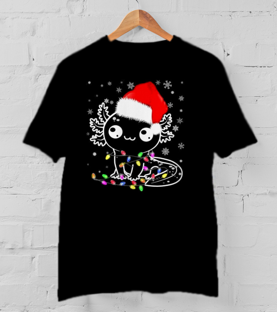 Santa Hat Axolotl Wrapped In Colorful Christmas Lights And Falling Snowflakes T-Shirt