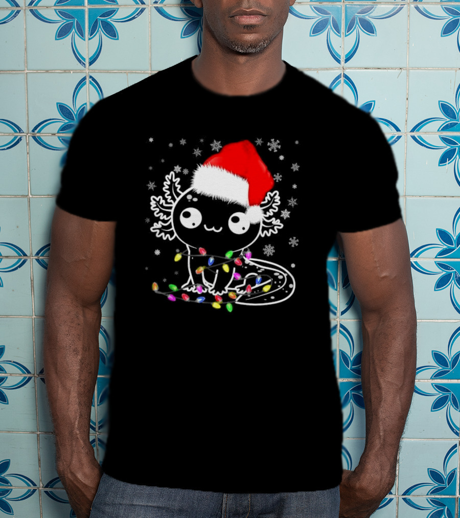 Santa Hat Axolotl Wrapped In Colorful Christmas Lights And Falling Snowflakes T-Shirt