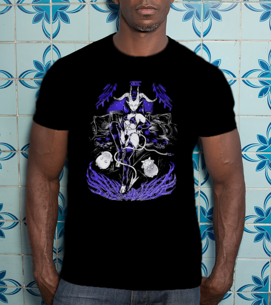 The Devil Pinku Kult Demonic Figure Surrounded By Ghostly Creatures And Occult Symbols T-Shirt
