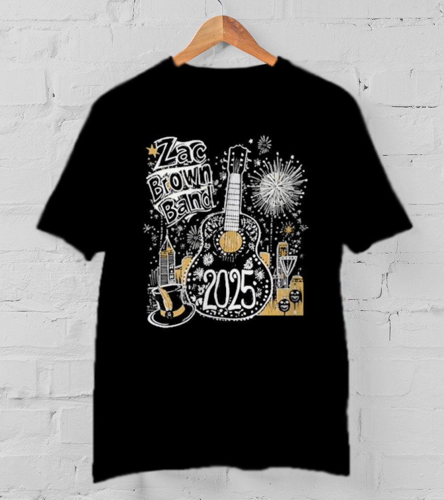 Zac Brown Band 2025 New Year's Eve Fireworks Guitar Atlanta Skyline T-Shirt
