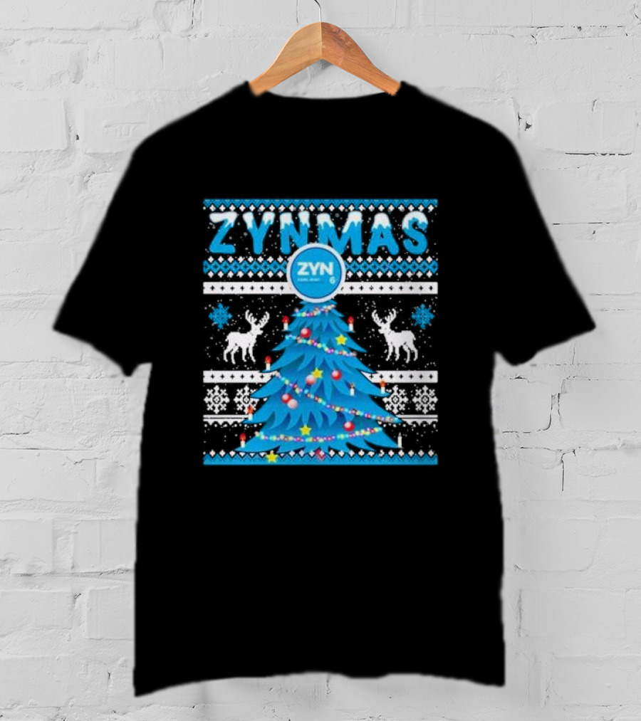 Zynmas ZYN Blue Christmas Tree Reindeer Pattern Snowflakes T-Shirt