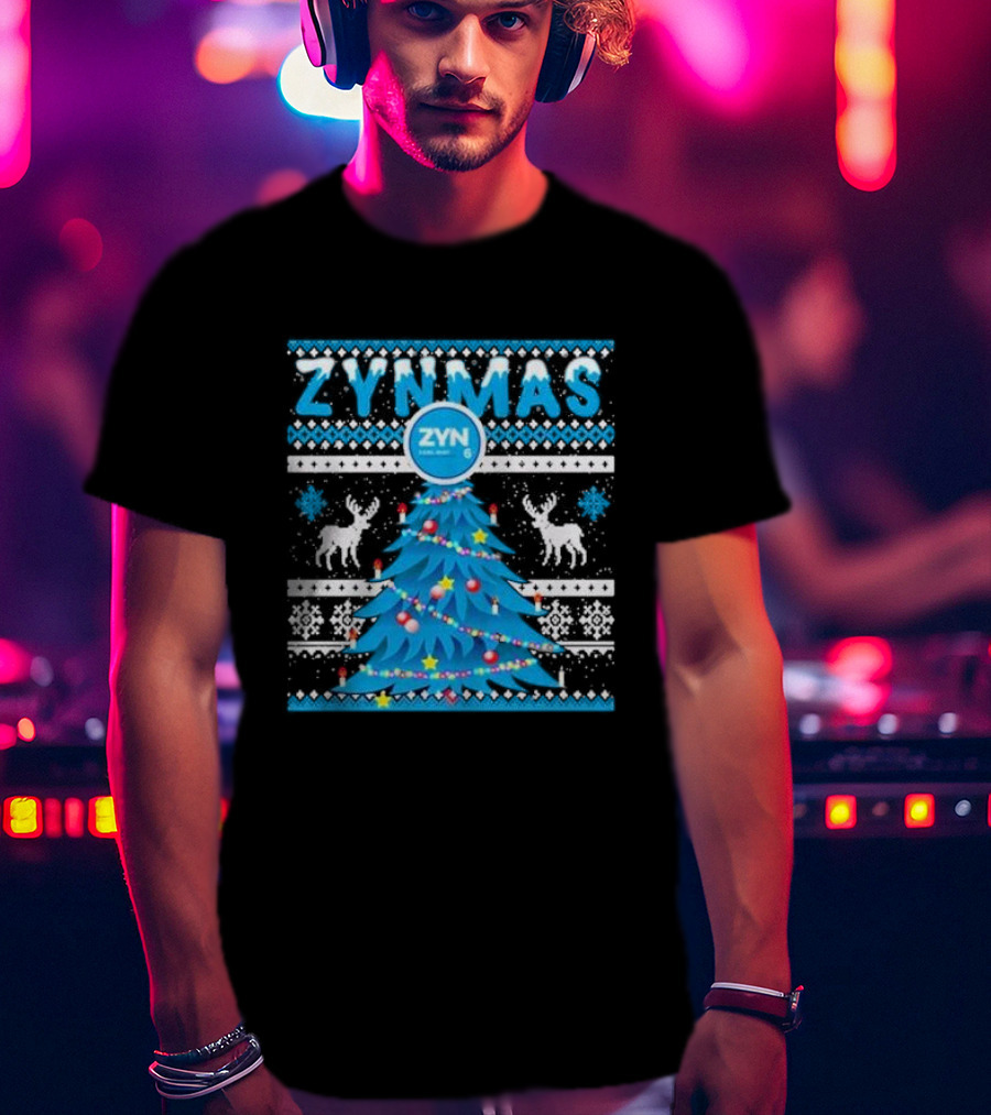 Zynmas ZYN Blue Christmas Tree Reindeer Pattern Snowflakes T-Shirt