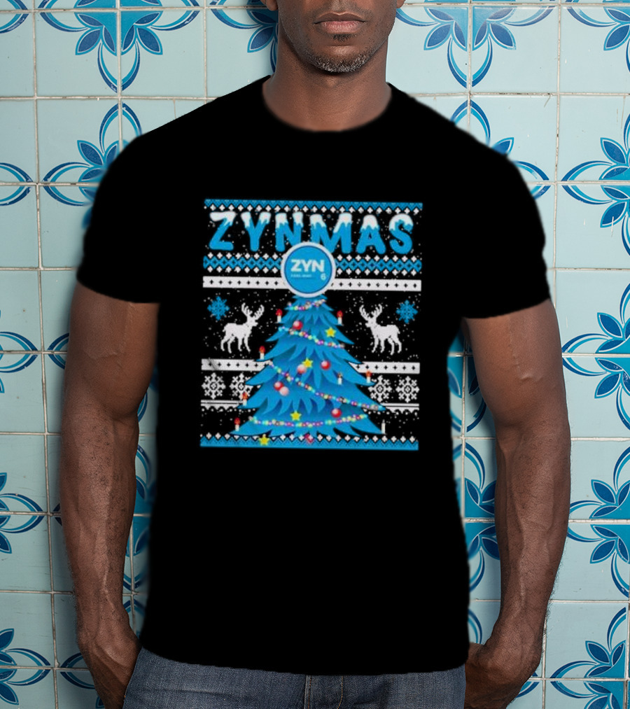 Zynmas ZYN Blue Christmas Tree Reindeer Pattern Snowflakes T-Shirt