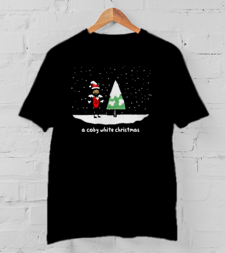 A Coby White Christmas Snowy Cartoon Scene With Santa Hat And Tree T-Shirt