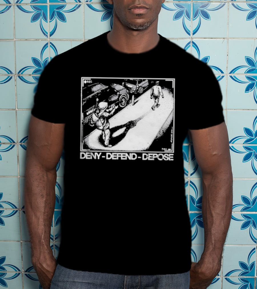 Deny Defend Depose Punk With A Camera Street Confrontation Scene T-Shirt