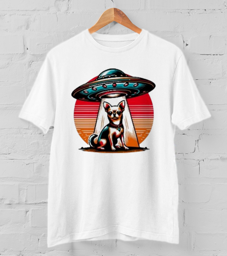 UFO Chihuahua Funny Alien Encounter Retro Sunset T-Shirt