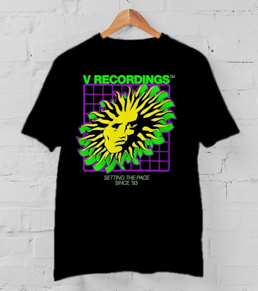 V Recordings Setting The Pace Since 93 Sunburst Face Retro Grid T-Shirt